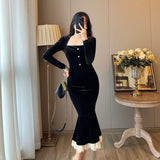 French Collar Black Fishtail Dress Women Winter Retro Velvet Bag Hip Dress Temperament Long Dress