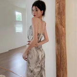 Sexy Ink Painting Dizzling Sling V-Neck Dress Women Summer Retro Style Dew Temperament H-Shaped Long Dress