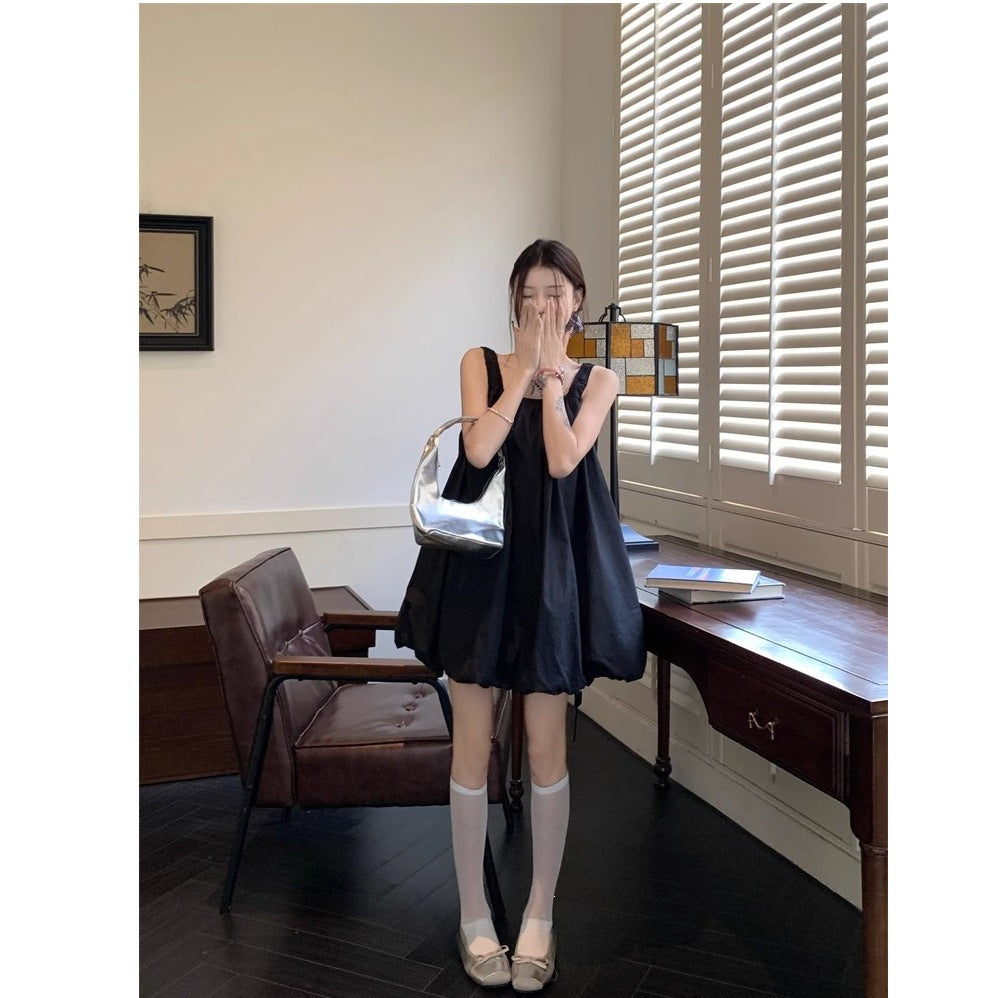 Holiday Wind U Collar Solid Color Sling Vest Dress Female Summer Temperament Relaxed Leisure Bareback Bud Short Skirt
