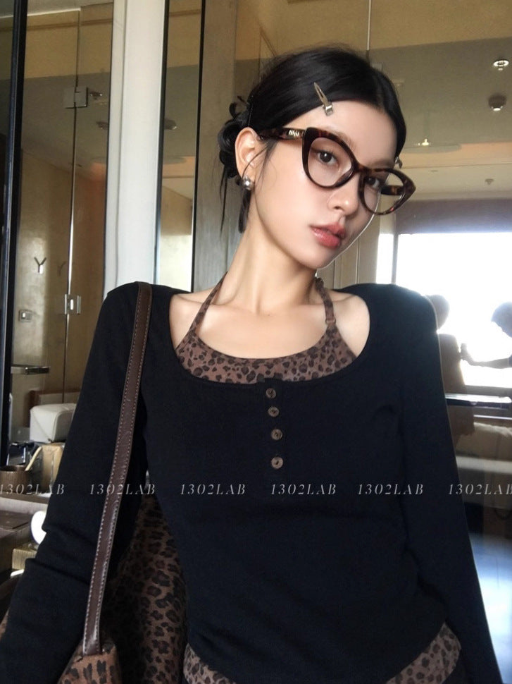 Vintage Sweet And Spicy Sexy Leopard Splicing Fake Two Hanging Neck Long Sleeve Bottom Slim Slim Top T-Shirt