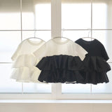 Real Shooting A Large Number Of Summer New Double-Layer Lotus Edge Spliced Women's Black And White Cotton Tops