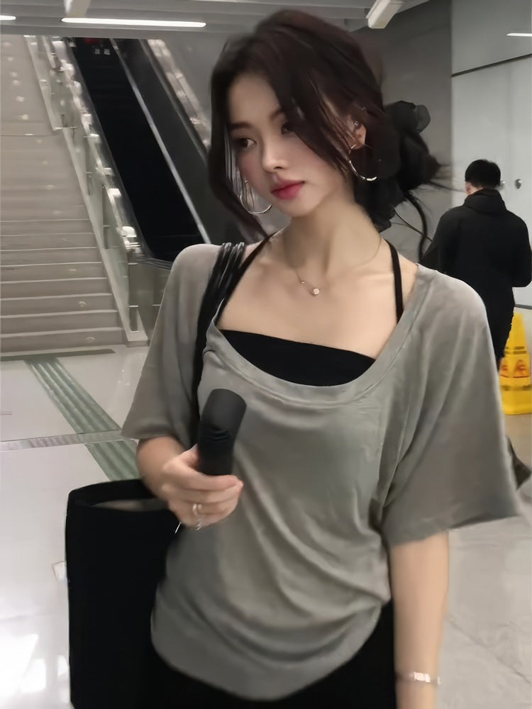 Korean Gray High-End Feeling Loose Thin Short-Sleeved T-Shirts In Summer Pure Desire Design Small Small Top