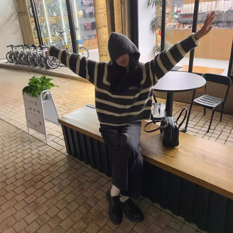KANING Korean Version Of Soft-Finish Striped Hooded Sweater Women 2026 Autumn And Winter New Design Sense Fashion Loose Knitting Shirt