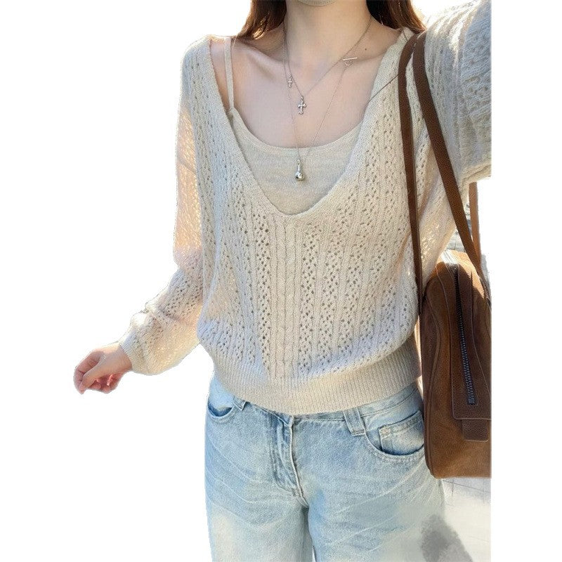 3.8/New On Spring XUAN XIAO JIE V. Collared Sea Hollow Knitwear Slings Two Sets