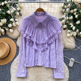 French Light Luxury Famous Heavy Industry Nails Beads To Spliced Long-Sleeved Lace Top Lady Autumn Body Bottom Shirt