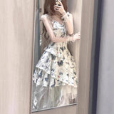 French Design-Sensitive Butterfly-Print Sling Dress Women's Summer Irregular Net Yarn Half-Dress Fashion Dress