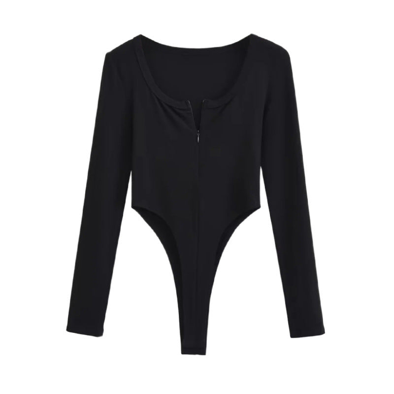 Women's Retro U-Neck Half-Neck Long-Sleeved Blouse Hottie Solid-Colored Sexy Bottom T-Shirt