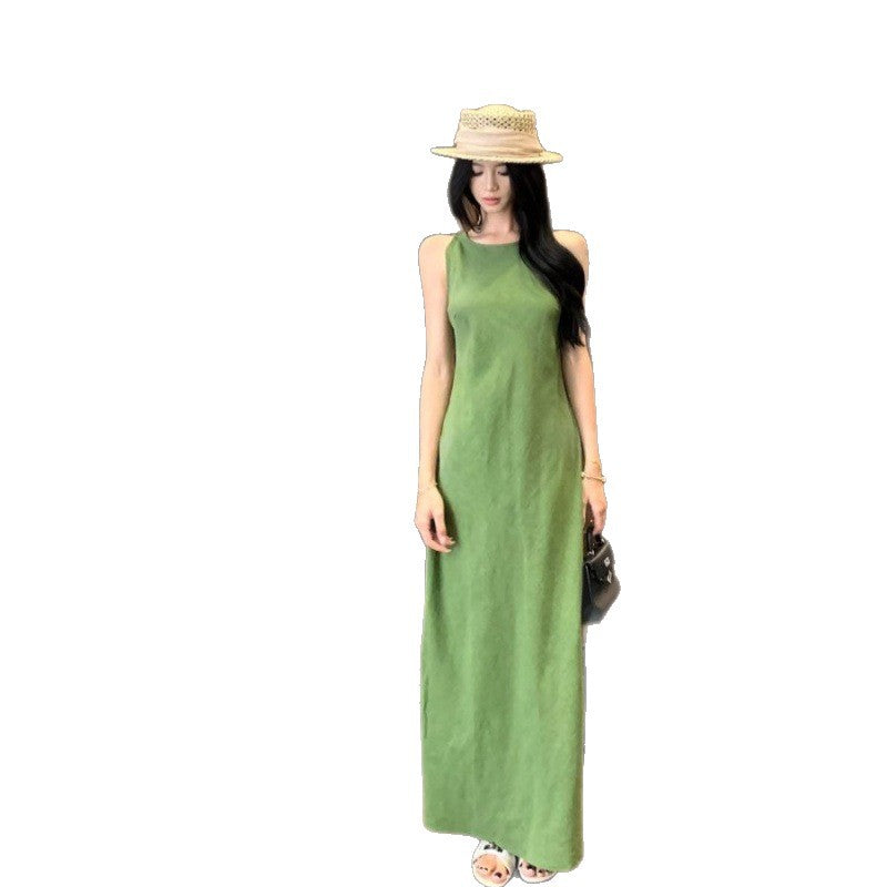 2025 Holiday Style Retro Green Vest Dress Women's Summer Waist Is Thin And Chic Niche Dress
