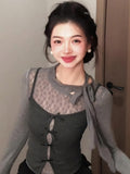 Pure Lust Gray Half-High Collar Bow Lace Lace Women's Clothing Early Autumn Folded Two Sets Of Bottom Tops