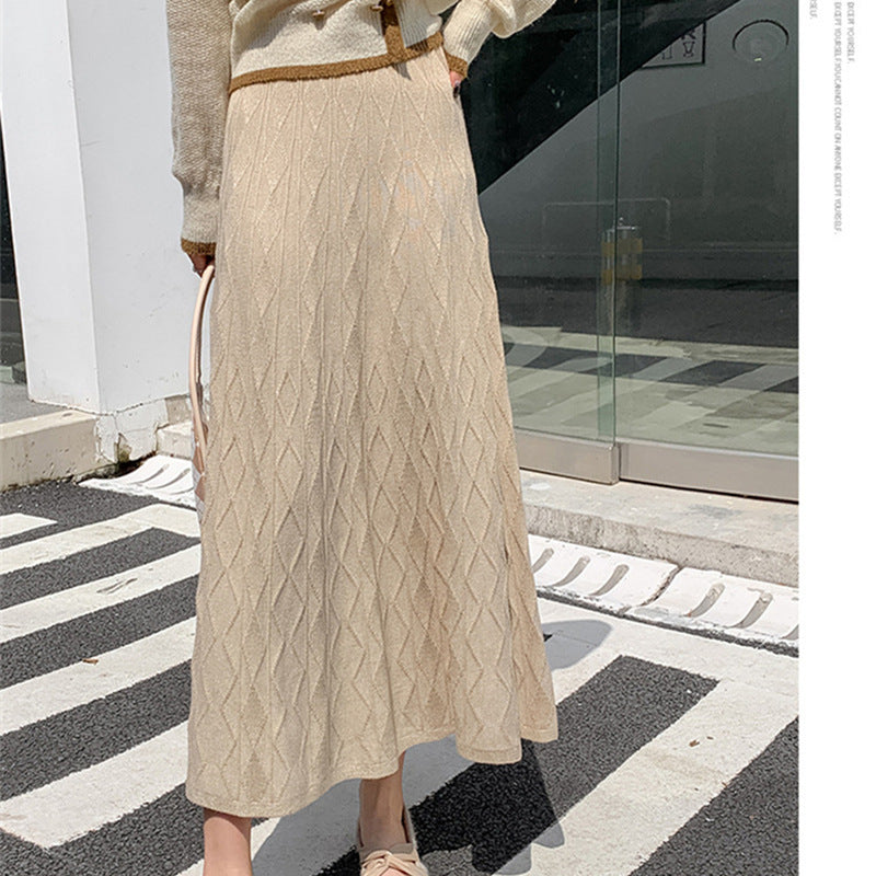 KANING Long Wave Ling Knitted Umbrella Skirt 2026 Autumn New A-Shaped Skirt High-Waist Knitted Skirt