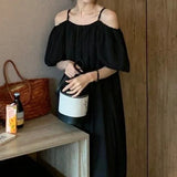 French Slings A Word Shoulder Green Dress Women 2025 Summer New Loose Shoulder-Sensitive Dress