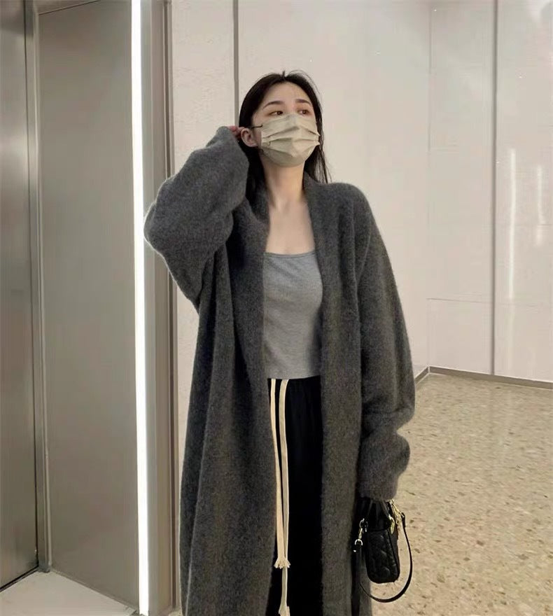 KANING Gray Long Over-Knee Sweater Jacket Woman 2026 Autumn Lazy Wind Thin Knitted Cardigan