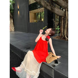 Dopamine Wears Red Bare Shoulder-Backed Neck Chiffon Shirt + Holiday Wind Skirt Skirt Long Skirt Two Sets