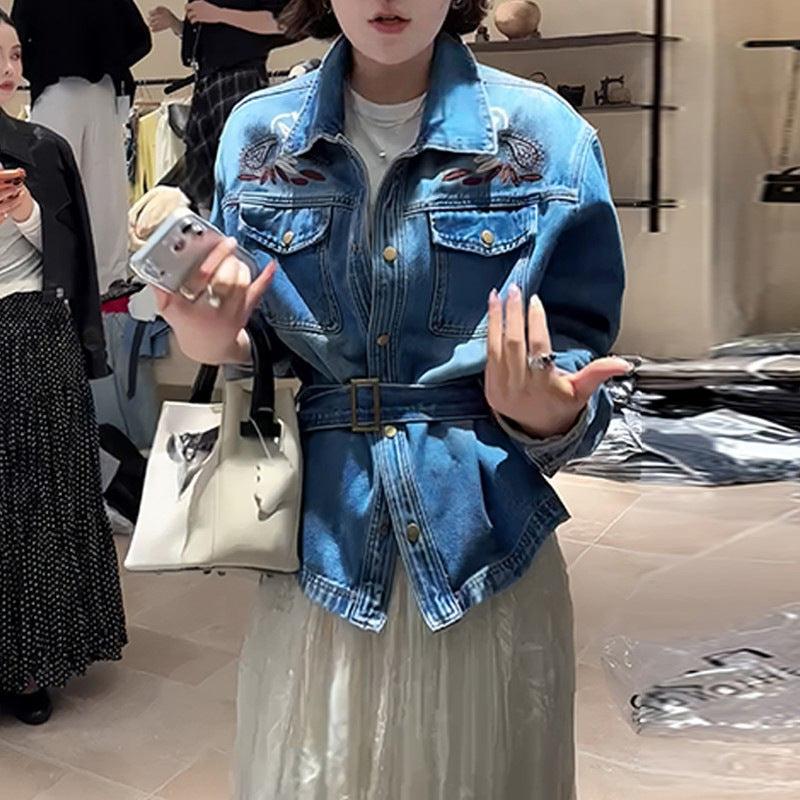 Heavy Industry Hand Embroidery Cowboy Jacket 2026 Spring New Collar Tie With Thin Jacket Top