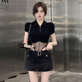 Hottie Style Sexy Mesh Splicing Short-Sleeved T-Shirt Women's Summer Design Feels Waist Tight Thin Body Blouse
