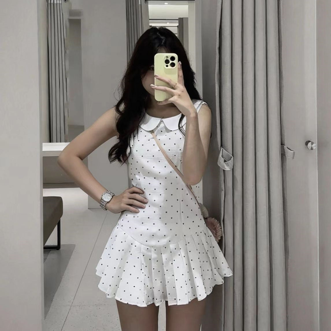 French Style Temperament White Wave Dot Doll Collar Vest Dress Girl Small Waist Thin 100-Fold Short Skirt