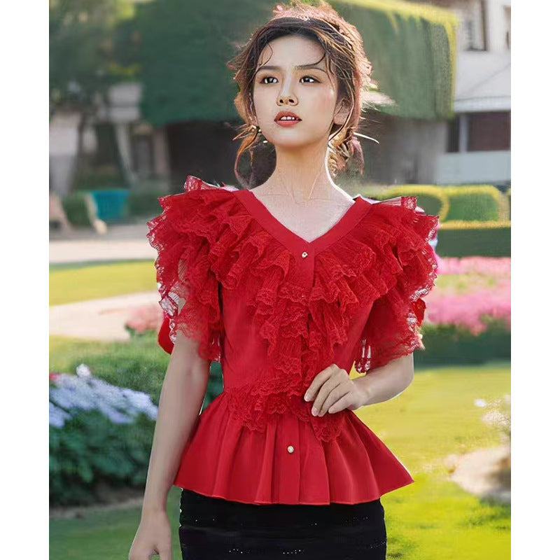 European Small Man Ocean Gas V-Neck Fashion Shirt Women Summer 2025 New Design Feel Red Top