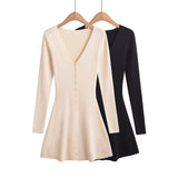 Spicuous Single Buckle Short A-Word Long-Sleeved V-Neck Dress Women's Autumn And Winter Small Slim Slimming Knitted Skirt