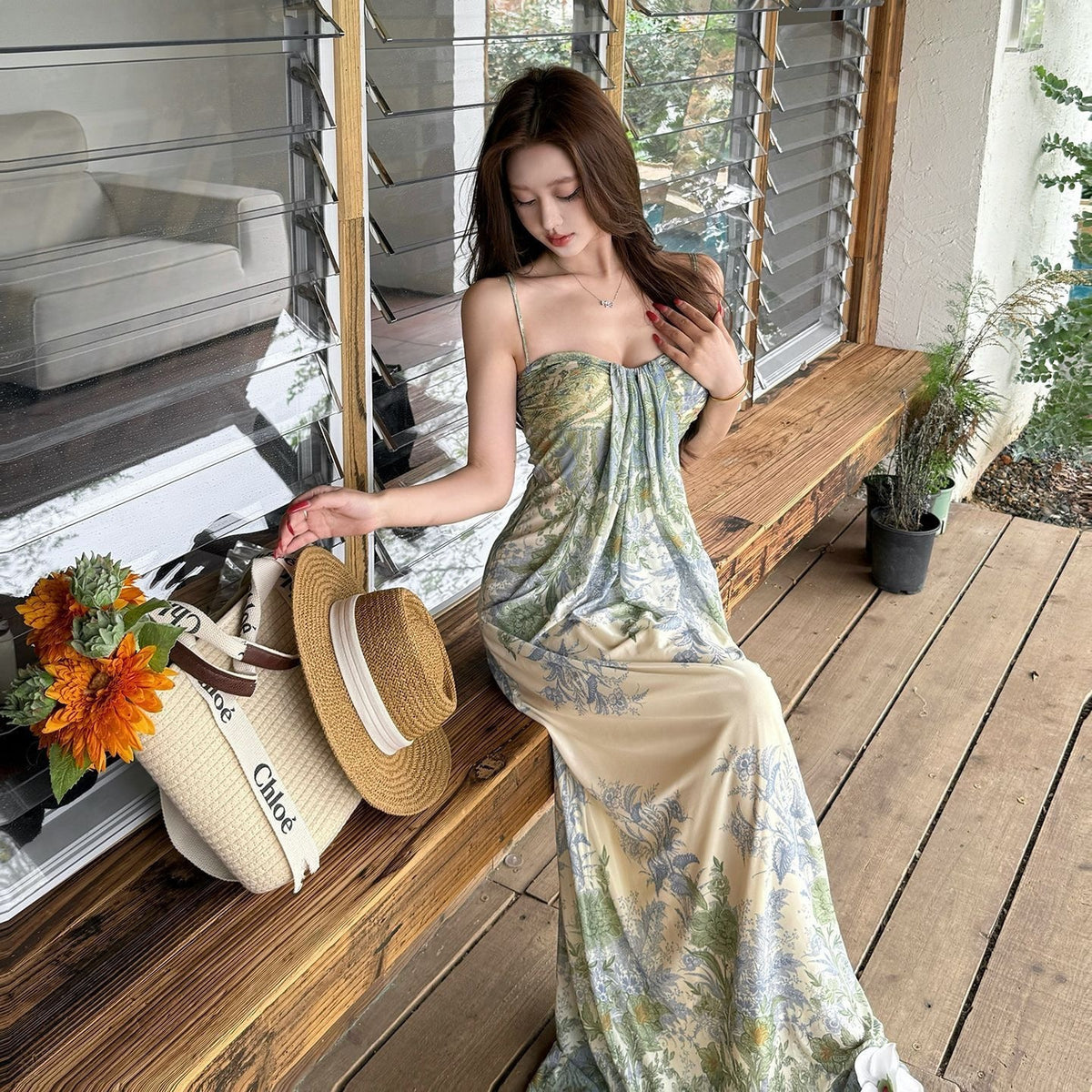 Sexy Beautiful Slings Print Bareback Dress Female Summer Temperament Thin Seaside Wind Bag Hip Dress Long