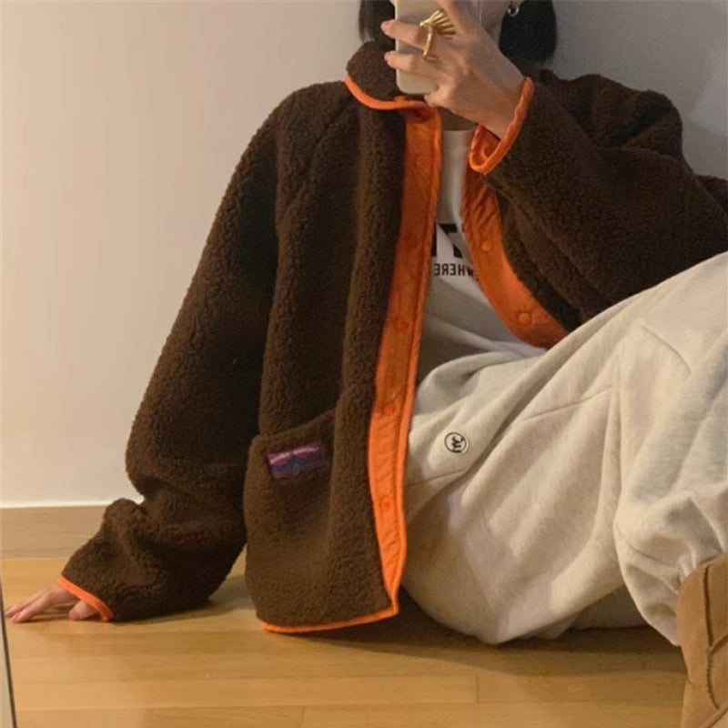 Simple Winter Positive And Reverse Two Small Labels Bump Color Lamb Hair Loose Leisure Warm Short Coat