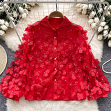 French Heavy Industry Nail Beads Three-Dimensional Flower Long-Sleeved Shirt Women Loose Thin Famous Lady Light Luxury Chic Lantern Sleeve Top
