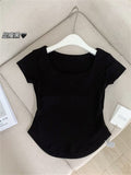 Summer Solid Color With Chest Cushion Square Collar Short-Sleeved T-Shirt Women's Fashion Sports Yoga Clothes