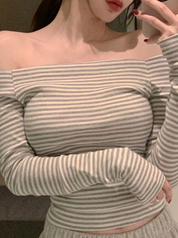 Ins Sexy Pure Oceanic Stripes With Long-Sleeved T-Shirt Girl Collarbone Collared Blouse