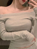 Ins Sexy Pure Oceanic Stripes With Long-Sleeved T-Shirt Girl Collarbone Collared Blouse