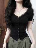 Pure-Want-Style Sexy V-Neck Lace Spliced Short-Sleeved T-Shirt Woman 2026 Summer New Hottie Slim Top