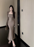 Pure-Style French Sexy Collar Long-Sleeved Dress Women Autumn And Winter New Body-Repair Hot Girl Bag Hip Fishtail Long Dress
