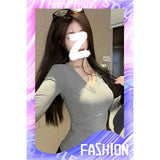 270 Grams Double-Sided Velvet Autumn Warm Solid Color V-Neck Long-Sleeved T-Shirt Girl Body Pure Lust Wind Bottom Shirt Top