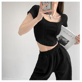2026 Summer Design Sense Collar Short-Sleeved T-Shirt Women's Fish Bone Line T-Shirt Umbilly Umbilly Short Floral Blouse