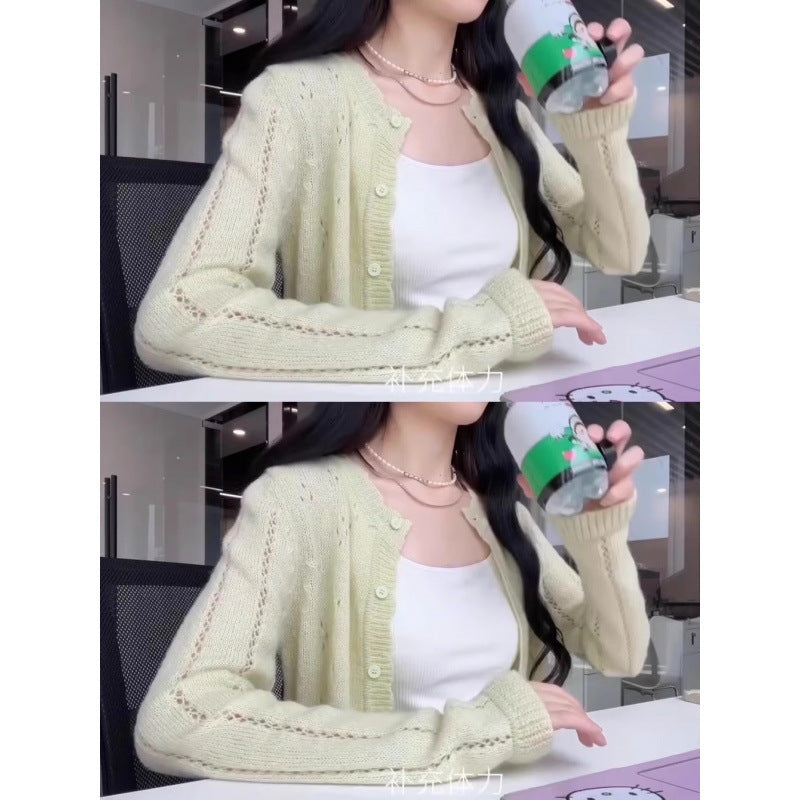 KANING Autumn New Green Hollow Short Knitted Cardigan Women 2026 Autumn Dress Small Outside Sun Protection Shirt
