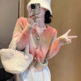 KANING Heart-Shaped Button Gradient Rainbow-Colored Knit 2026 Autumn New Stylish Sweet V-Neck Sweater