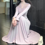 [Snow] Gentle Atmosphere Feel Lace V-Neck Knitted Dress Women Autumn Waist Thin A Long Dress