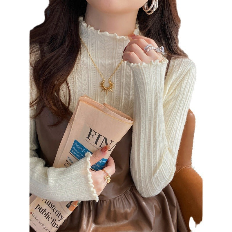 KANING Solid-Colored Semi-High-Necked Knitted Shirt 2026 Autumn And Winter New Wood Ear-Sideded Sweater