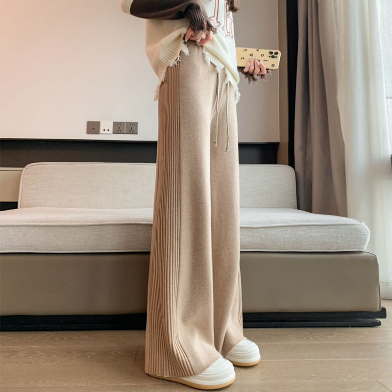 Design Sense Side Pressure Folding Pit Strip Knitted Broad Leg Pants Women Autumn And Winter Thick Hanging Feeling Loose Thin Tug Leisure Pants