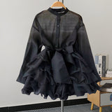 South Korea's Dongdaemun Autumn New Solid Color Lotus Leaf Side Long-Sleeved Shirt Niche Waist Thin Set-Up Shirt