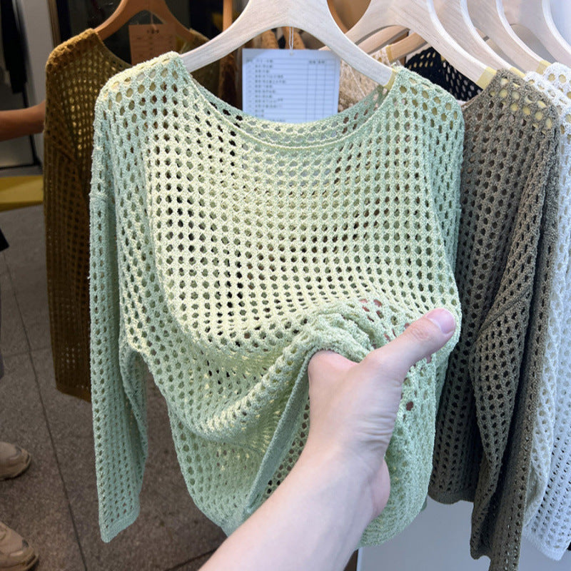 Kaning Long-Sleeved Hollow Knitted Net Shirt Women 2026 Summer And Autumn New Mesh Hooding