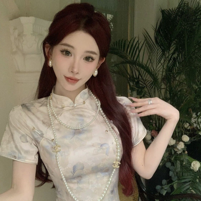 2025 New Chinese Style Breeze Cold Cheongsam Daily Chinese Style Gentle And Elegant Temperament Print Long Dress