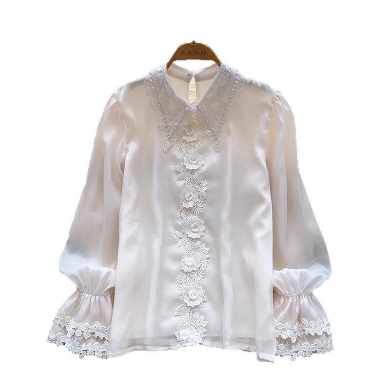 French Design Sense Of A Small Chic Top Female Heavy Industry Nail Lace Splicing Bead Mesh Yarn Shirt Female Gentle Wind