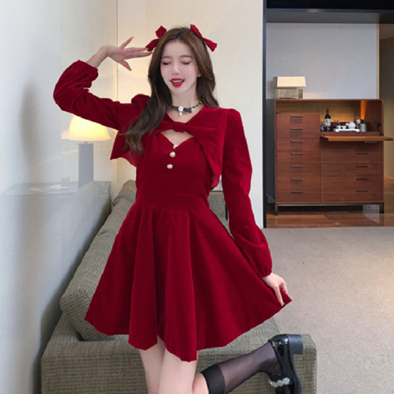 2025 Christmas New Year Red Shawl Gold Velvet Sling Princess Dress Women To Collect Waist Thin Suit Two Sets