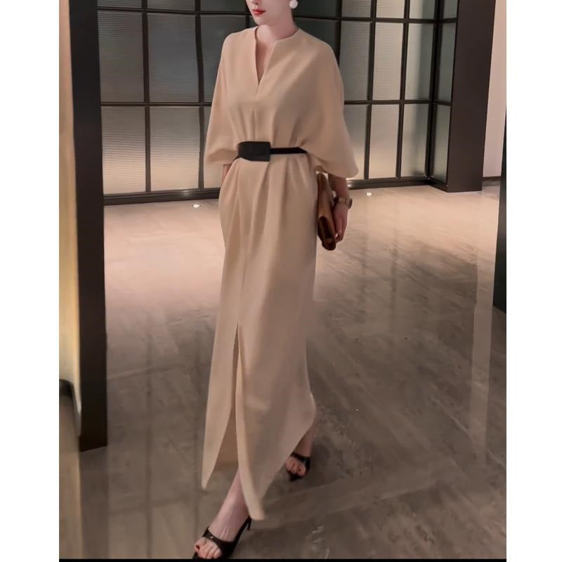 French Elegance Style Solid Color V-Neck Seven-Sleeve Dress Women Autumn With Pocket Open Fork Long Skirt