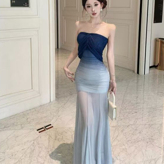 Blue Gradient Folding Boobs Dress Long High-End Feel Holiday Wind To Pack Hip Fishtail Skirt Woman Summer