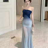 Blue Gradient Folding Boobs Dress Long High-End Feel Holiday Wind To Pack Hip Fishtail Skirt Woman Summer