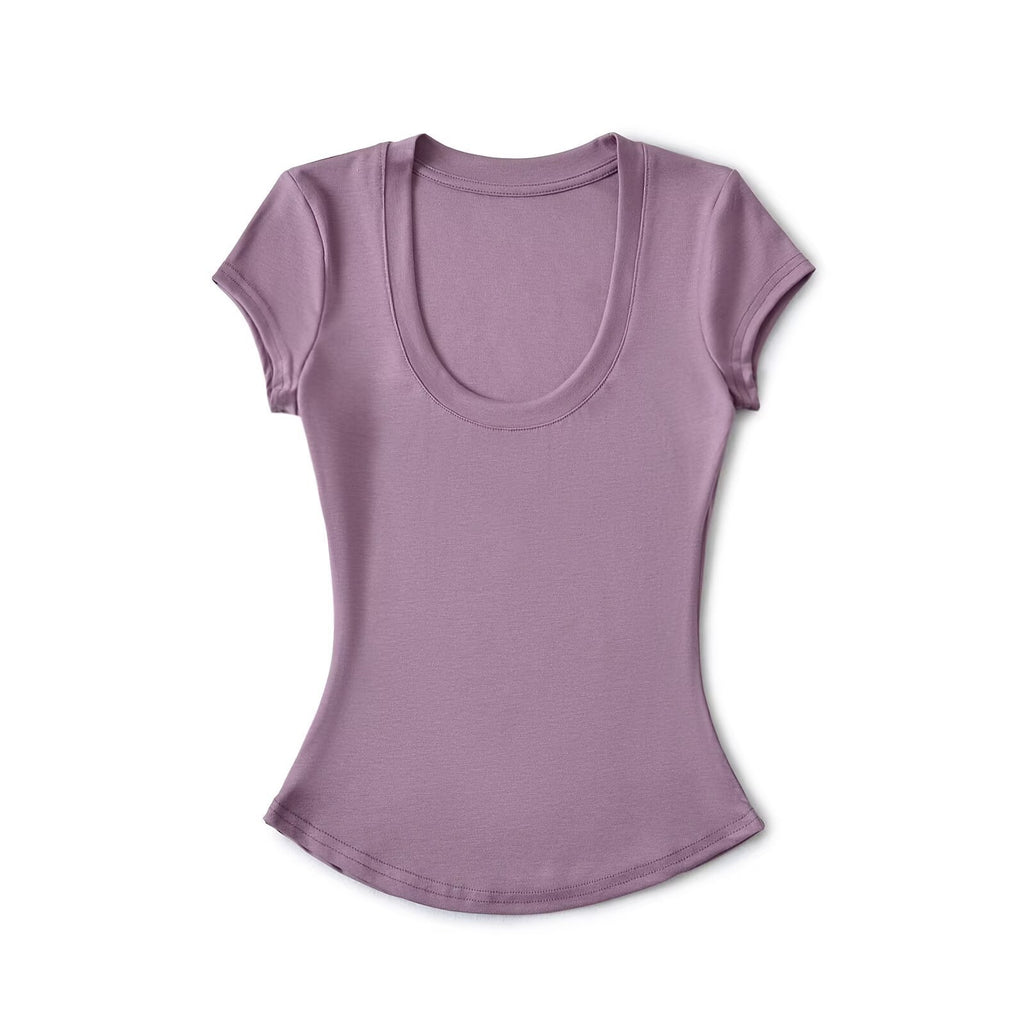 Pure Breeze Summer Cool U Collar Short-Sleeved T-Shirt Thening Waist Thin Bottom Half-Sleeved Top Sexy Comfortable