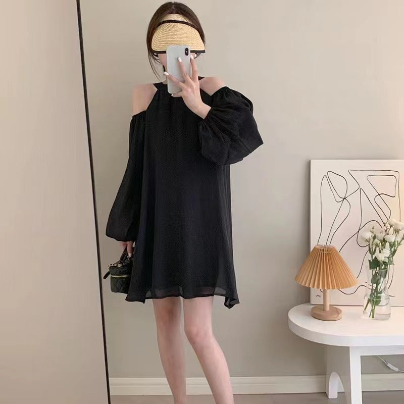 Hang Neck Chic Design Small Long-Sleeved Dress Women's Clothing Leaking Shoulder Thin Small Short Skirt Shoulder Strap