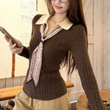 KANING Collisory Stitching Two Knitted Shirts 2026 Autumn And Winter New Polo Silk Scarf With Sweater Top