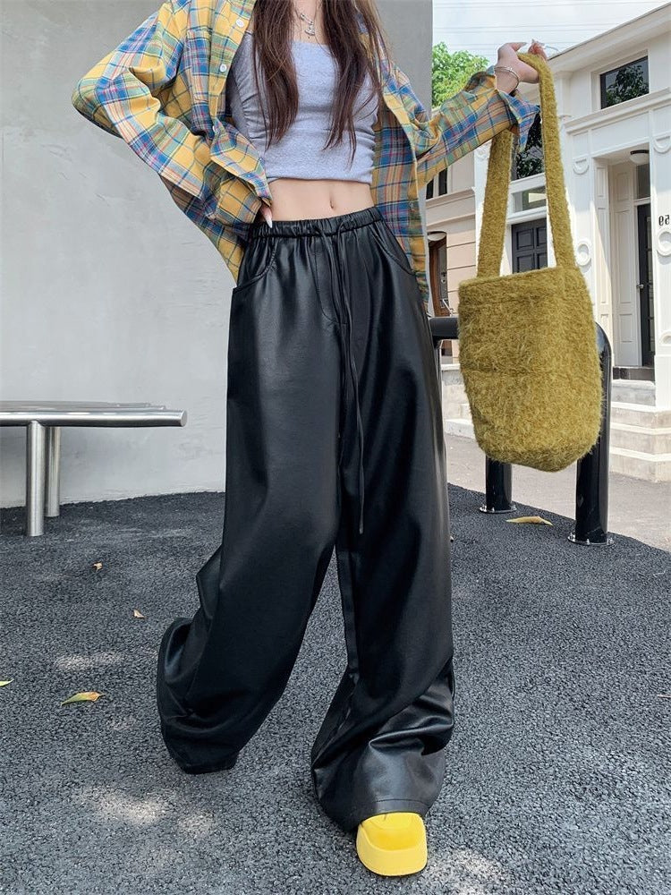 Black Leather Pants 2025PU Slacks Autumn And Winter High Waist Thin Straight New Pants Loose Mop