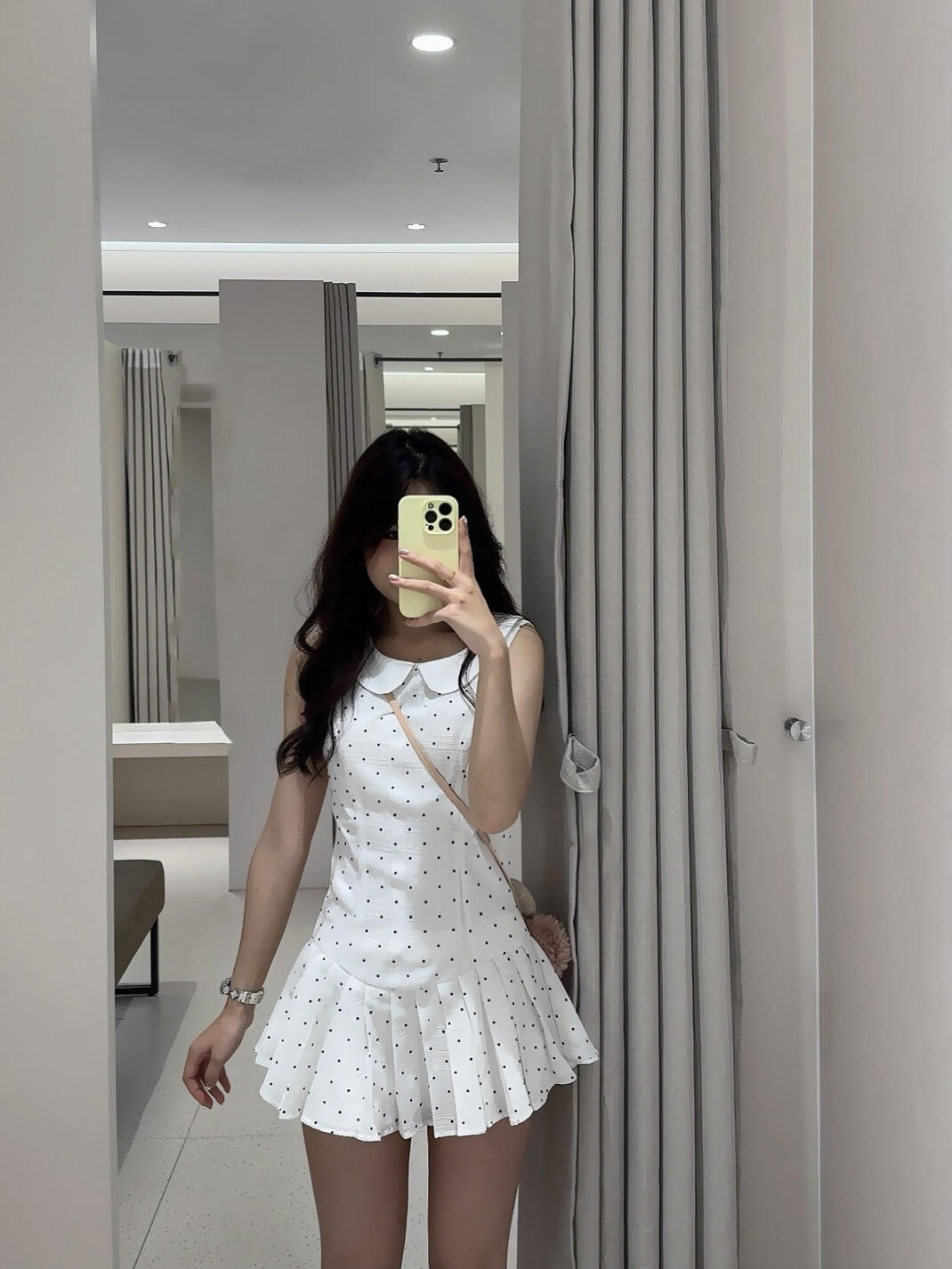 French Style Temperament White Wave Dot Doll Collar Vest Dress Girl Small Waist Thin 100-Fold Short Skirt